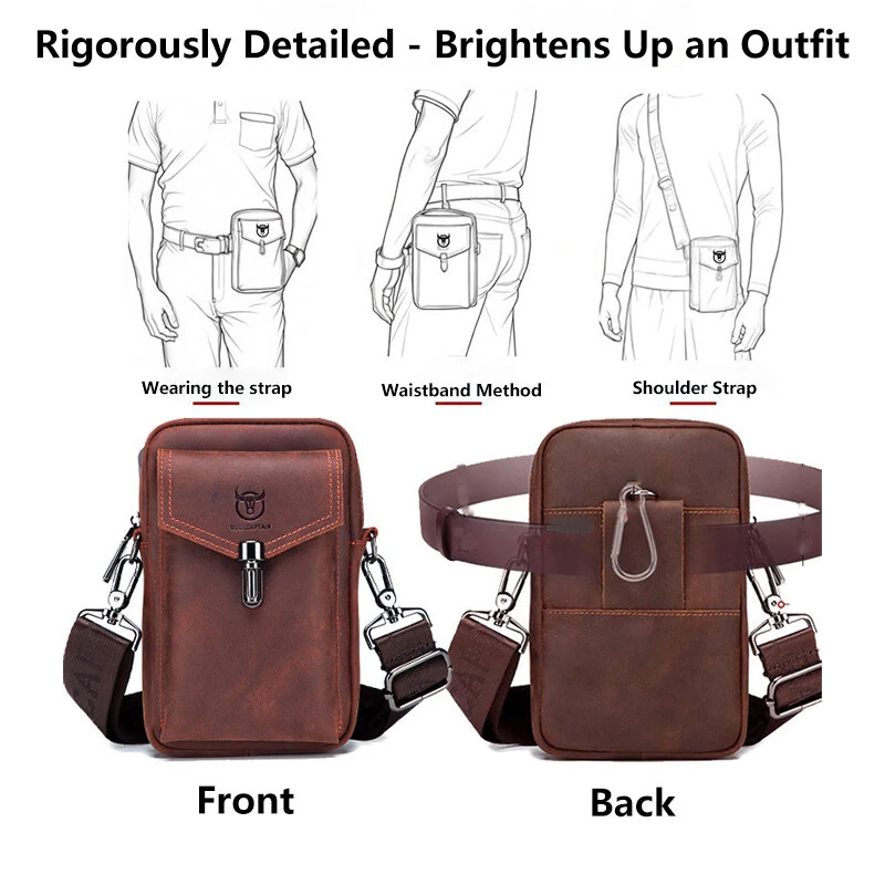 (image for) BULLCAPTAIN Genuine Leather Men's Waist Bags Crossbody Bages Multifunctional 7-inch Mobile Phone Practical Bag for Male Casual Shoulder Messenger Bages